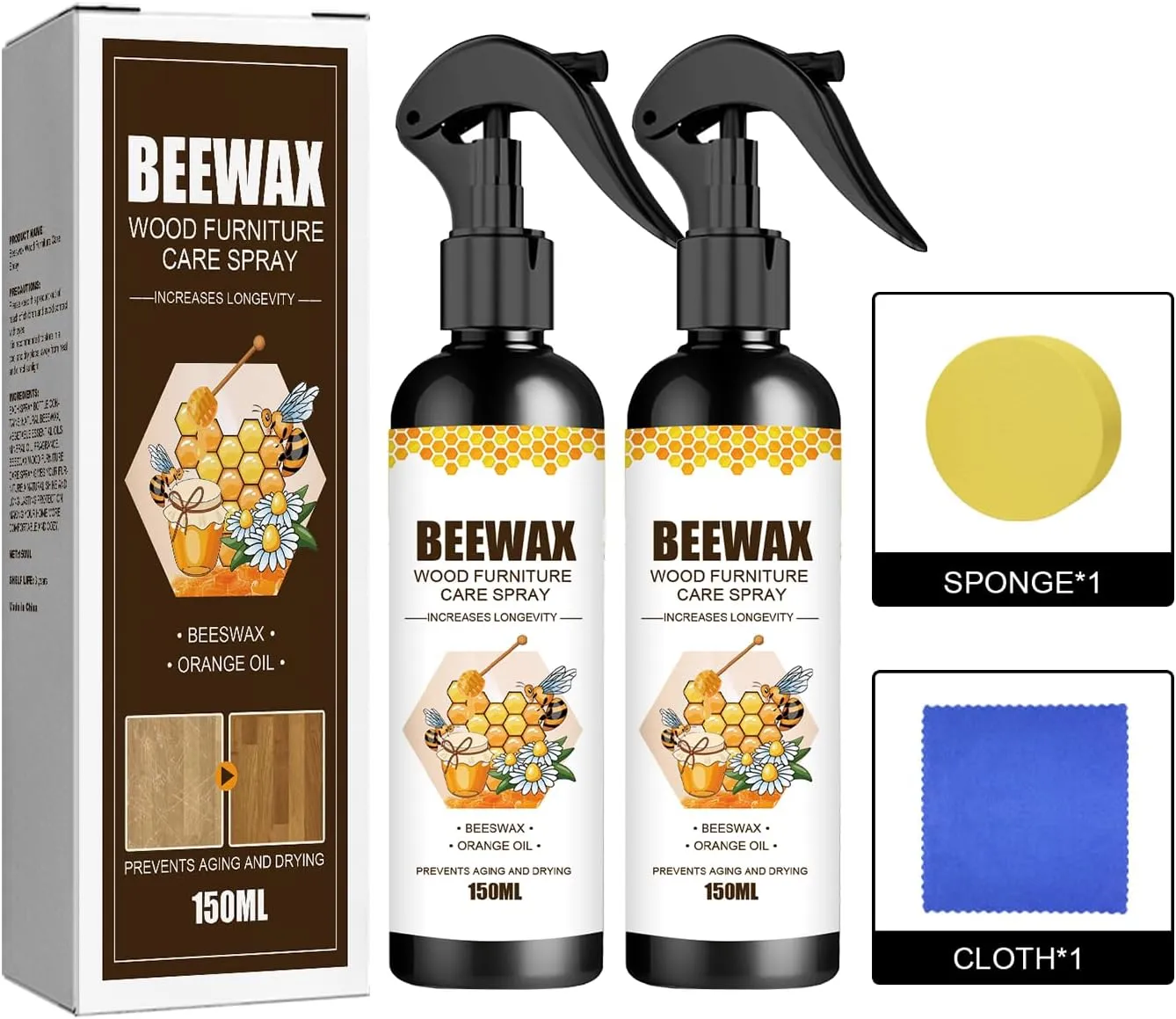 Beeswax Spray Furniture Polish, Wood Cleaner, Wood Floor Polish - For Living Room, Kitchen and Wooden Furniture Floors (Pack of 2) (150 ml)