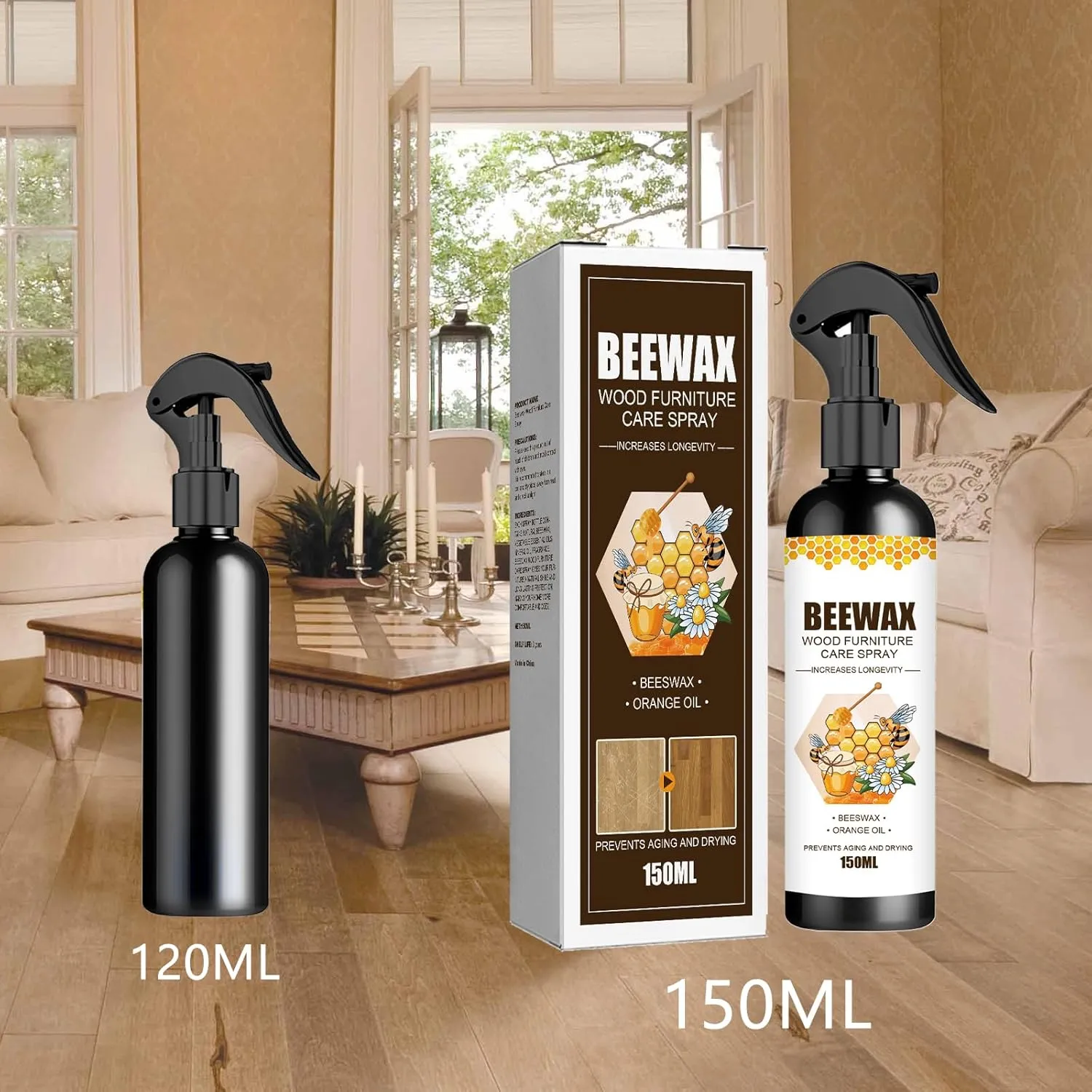 Beeswax Spray Furniture Polish, Wood Cleaner, Wood Floor Polish - For Living Room, Kitchen and Wooden Furniture Floors (Pack of 2) (150 ml)