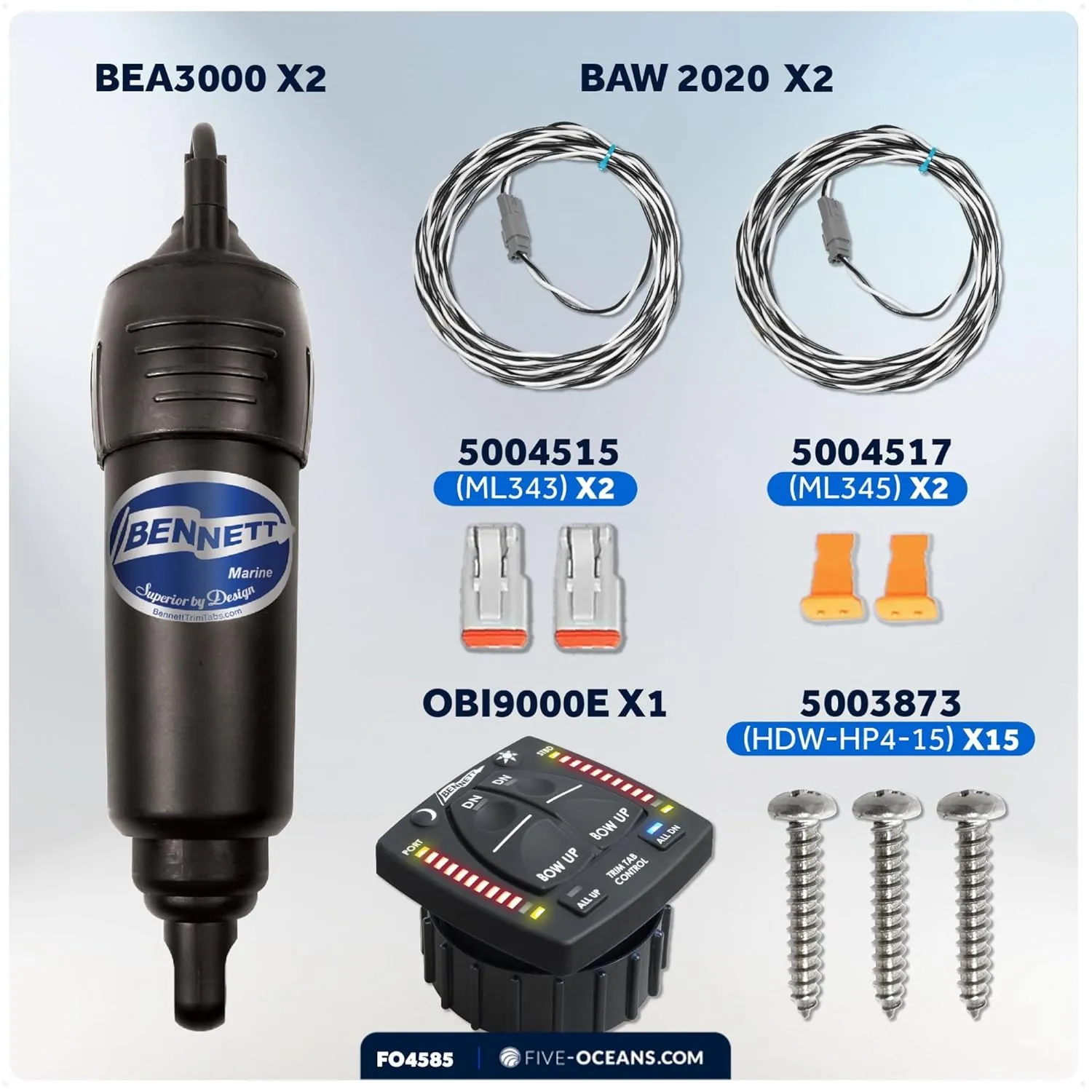 Bennett Marine Bolt Electric Trim Tab System 24" x 12", Includes Integrated Helm Control, Actuators, Wires Harnesses and Mounting Hardware, Complete Kit BOLT2412, 12V DC - FO4585