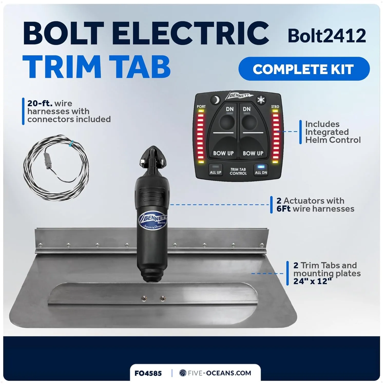 Bennett Marine Bolt Electric Trim Tab System 24" x 12", Includes Integrated Helm Control, Actuators, Wires Harnesses and Mounting Hardware, Complete Kit BOLT2412, 12V DC - FO4585