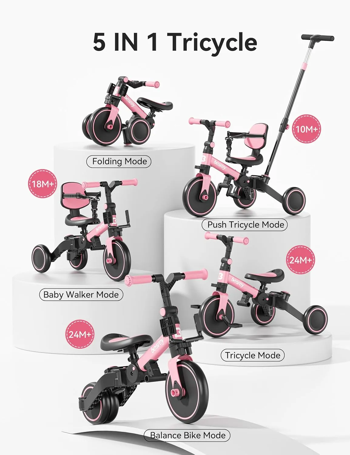 besrey 5 in 1 Toddler Bike, Toddler Tricycle for 1-3 Year Old, Trike with Push Handle, Backrest and Safety Belt, Birthday Gifts and Toys for Boys and Girls, Balance Bike