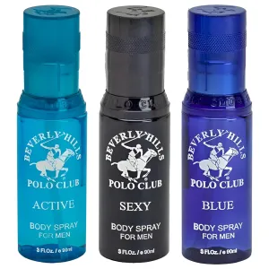 Beverly Hills Polo Club Men's Body Spray Collection Gift Set Featuring Luxury Designer Cologne Scents for Long Lasting Freshness BHPC 3 oz 3 Count (Silver)