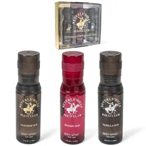 Beverly Hills Polo Club Mens Body Spray Gift Set - 3pc Collection of Oud Fragrances (Vanilla, Leather & Woody) in Sleek 3oz Bottles - Long-Lasting BHPC Cologne Body Sprays for Men