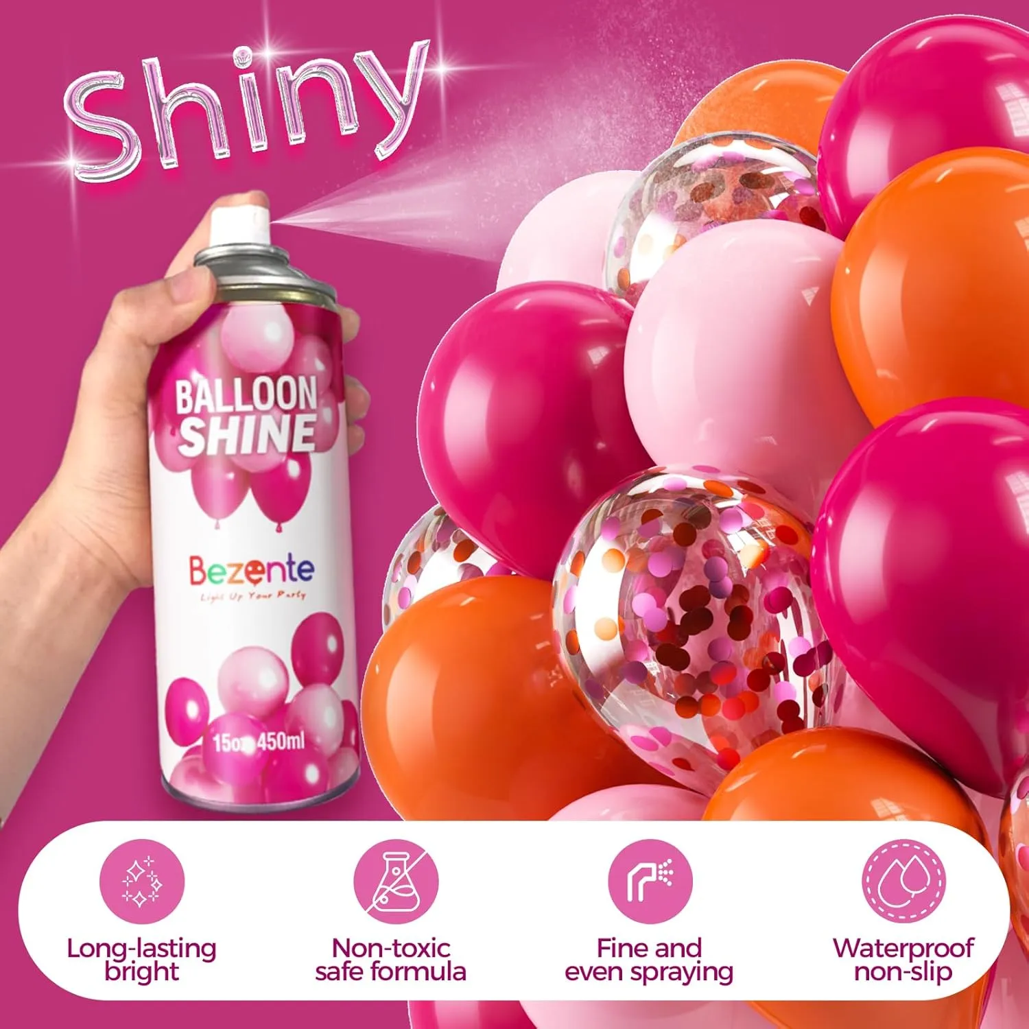 Bezente Balloon Shine Spray - 15 oz High Shine Balloon Spray, Waterproof, Long-Lasting Antioxidant, Odorless, Instant Shiny Effect for Party Balloons Decorations