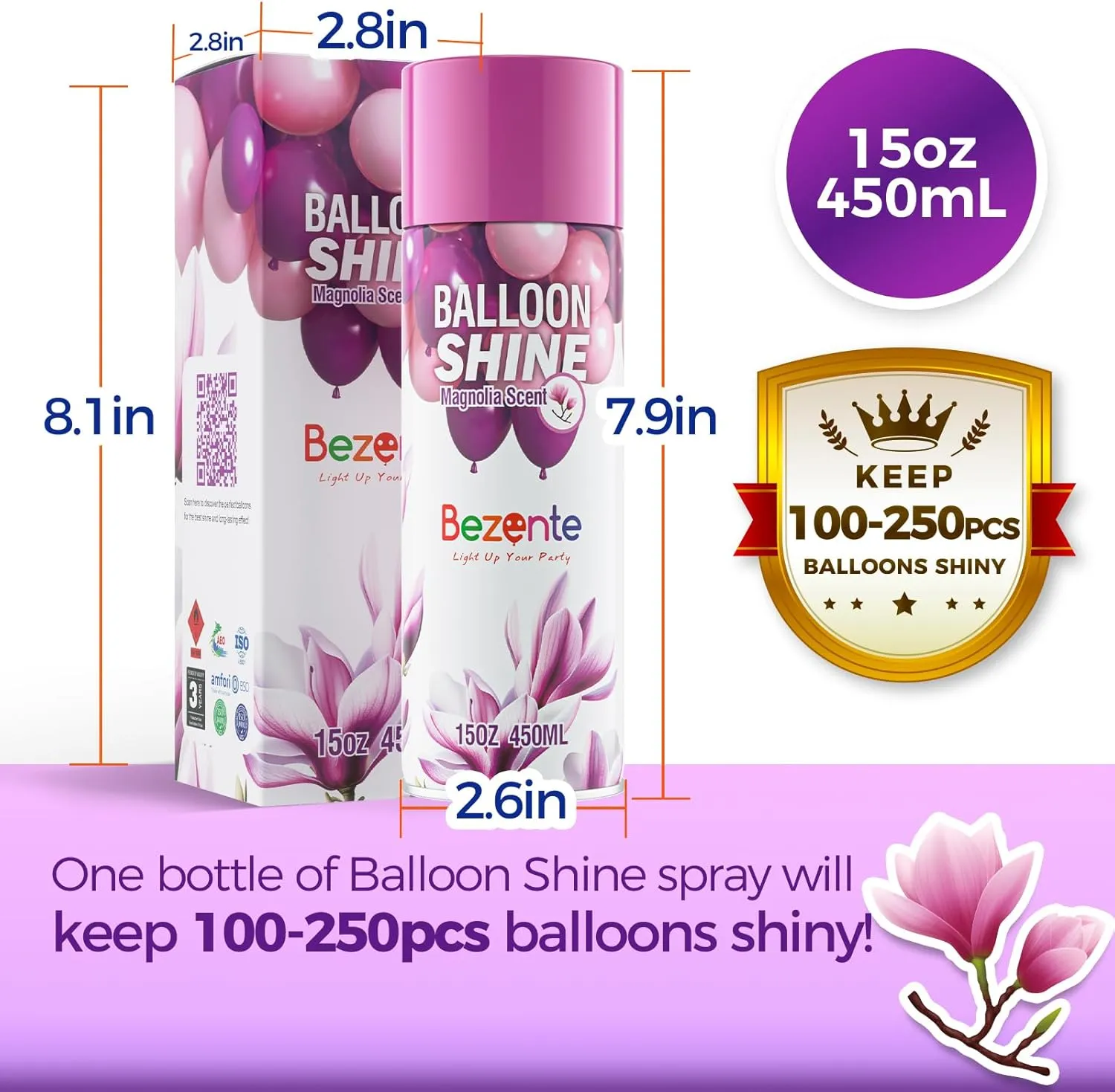 Bezente Balloon Shine Spray - 15 oz Magnolia Scent High Shine Balloon Spray, Waterproof, Long-Lasting Antioxidant, Instant Shiny Effect for Party Balloons Decorations