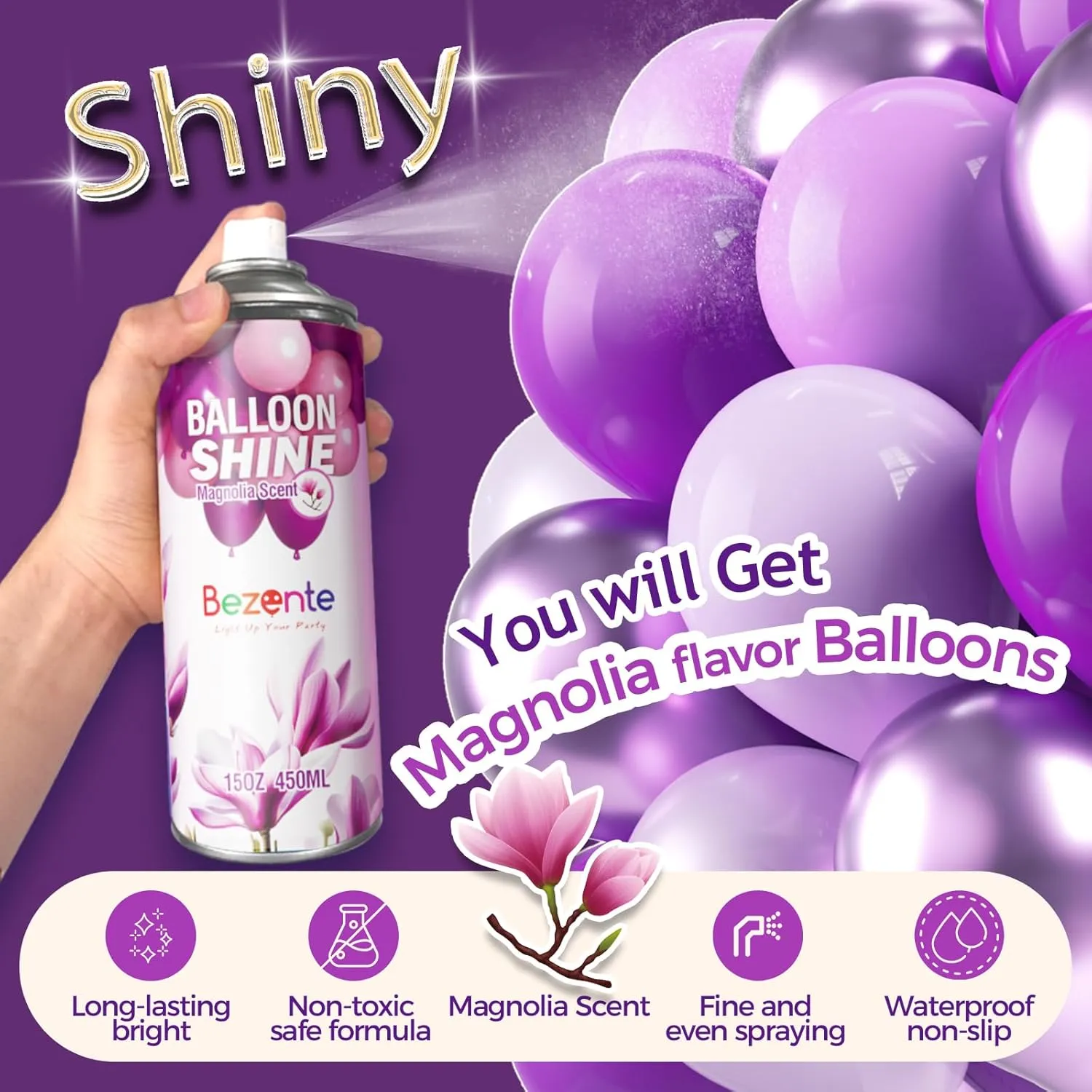 Bezente Balloon Shine Spray - 15 oz Magnolia Scent High Shine Balloon Spray, Waterproof, Long-Lasting Antioxidant, Instant Shiny Effect for Party Balloons Decorations