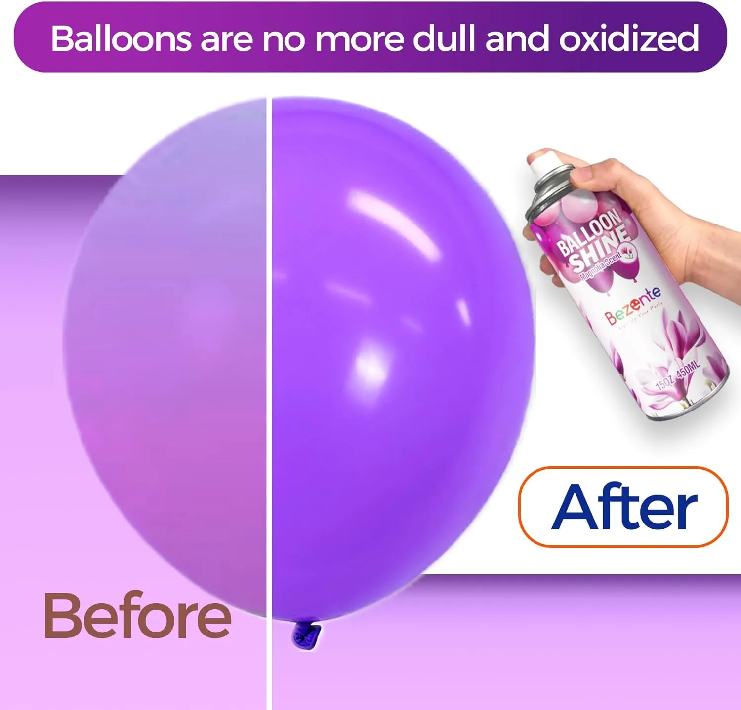 Bezente Balloon Shine Spray - 15 oz Magnolia Scent High Shine Balloon Spray, Waterproof, Long-Lasting Antioxidant, Instant Shiny Effect for Party Balloons Decorations