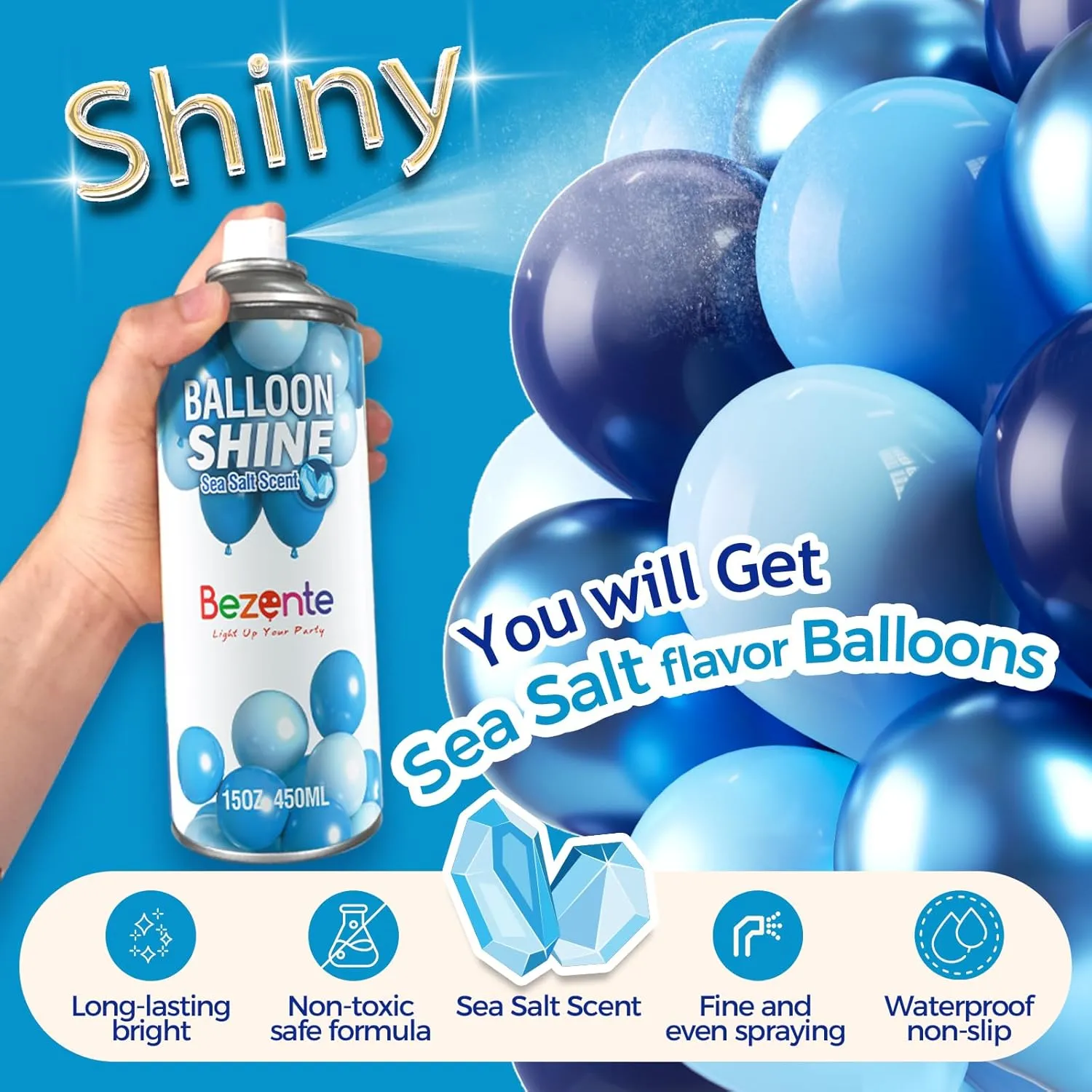 Bezente Balloon Shine Spray - 15 oz Sea Salt Scent High Shine Balloon Spray, Waterproof, Long-Lasting Antioxidant, Instant Shiny Effect for Party Balloons Decorations