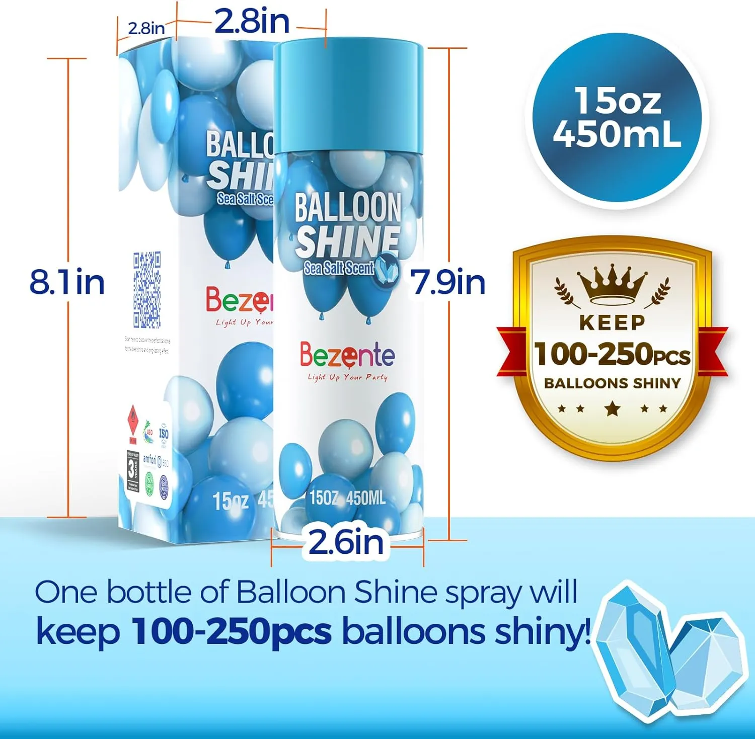 Bezente Balloon Shine Spray - 15 oz Sea Salt Scent High Shine Balloon Spray, Waterproof, Long-Lasting Antioxidant, Instant Shiny Effect for Party Balloons Decorations