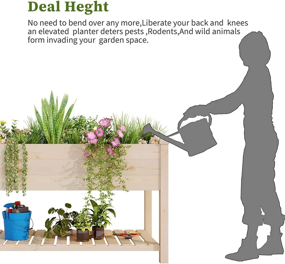 BIRASIL Outdoor Wood Raised Garden Bed, Elevated Reinforced Large Planter Box with Storage Shelf for Vegetable Flower Backyard Patio Gardening Balcony (48”L, Natural Wood)