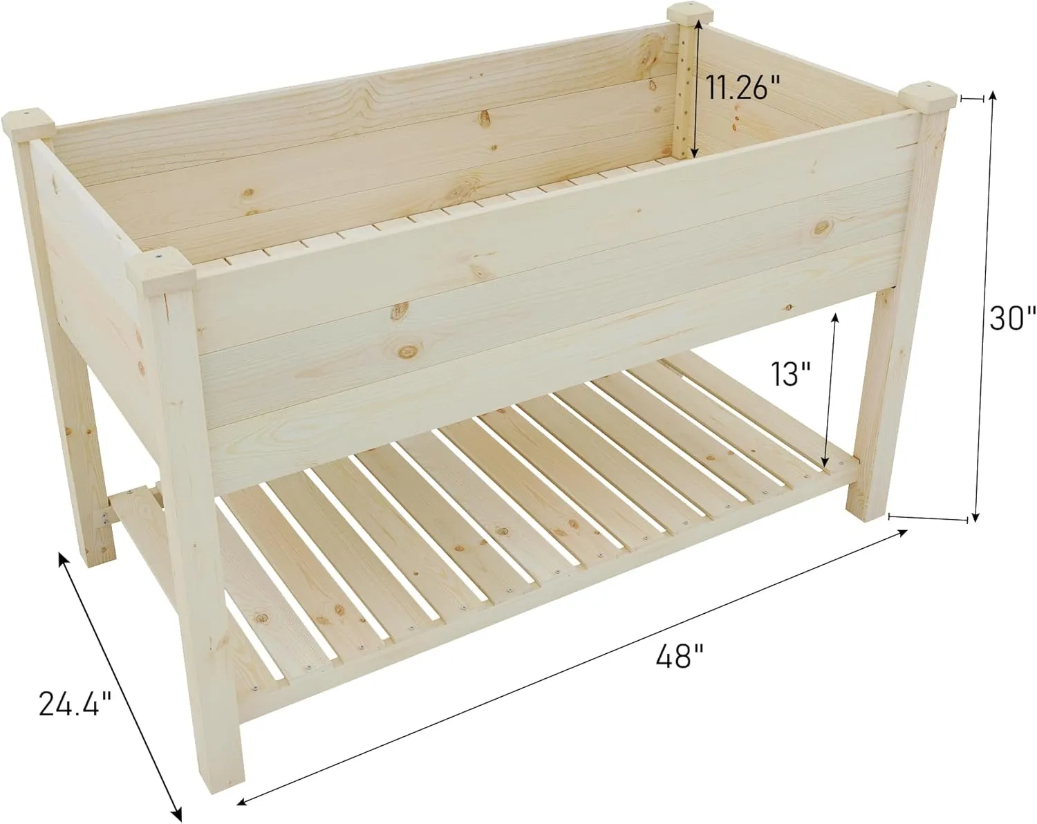 BIRASIL Outdoor Wood Raised Garden Bed, Elevated Reinforced Large Planter Box with Storage Shelf for Vegetable Flower Backyard Patio Gardening Balcony (48”L, Natural Wood)
