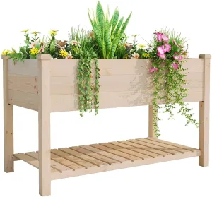 BIRASIL Outdoor Wood Raised Garden Bed, Elevated Reinforced Large Planter Box with Storage Shelf for Vegetable Flower Backyard Patio Gardening Balcony (48”L, Natural Wood)