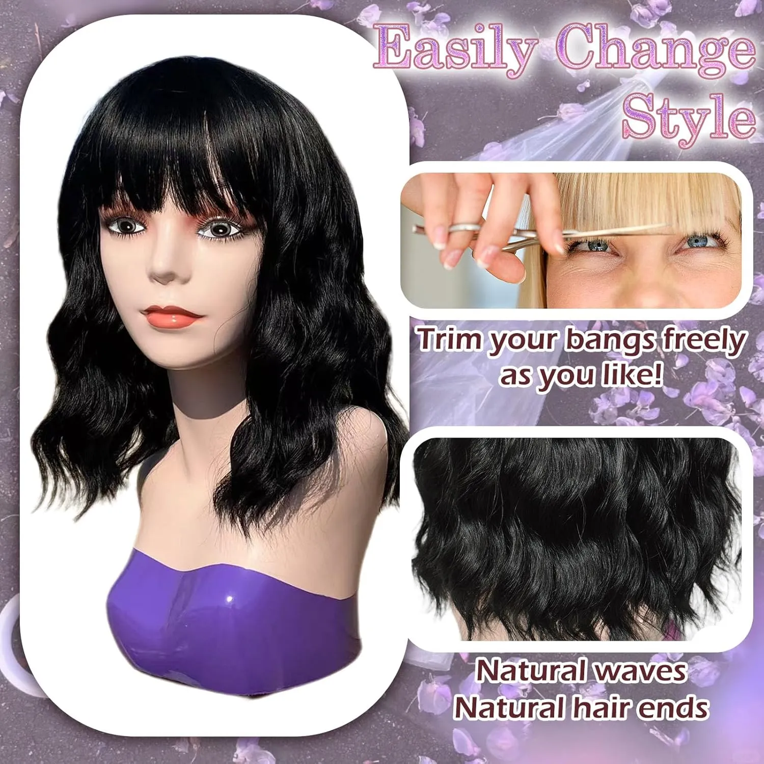 Black Bob Wig with Bangs for Women,14 Inch Short Synthetic Black Bob Wigs,Natural Looking Heat Resistant Fiber Bob Wig for Women 14 Inch