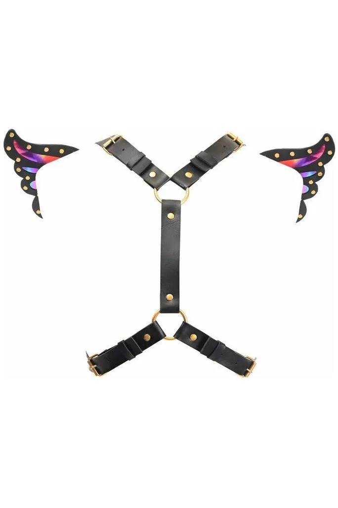 Black Faux Leather & Rainbow Holo Butterfly Wing Harness