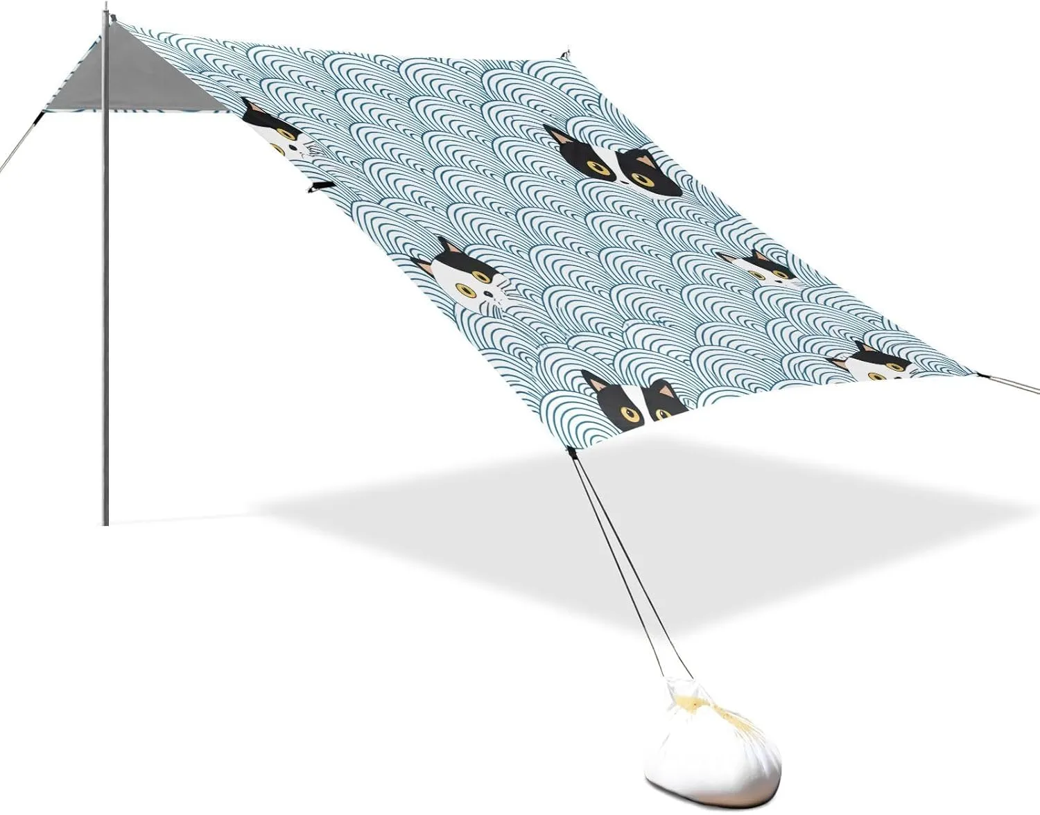 Black White Cat Faces Blue Wave Tent Beach Canopy Outdoor Sun Shade Patio for Adults Portable Camping Shelter Canopies with Sandbags Anchor 9.2 × 10.5 FT