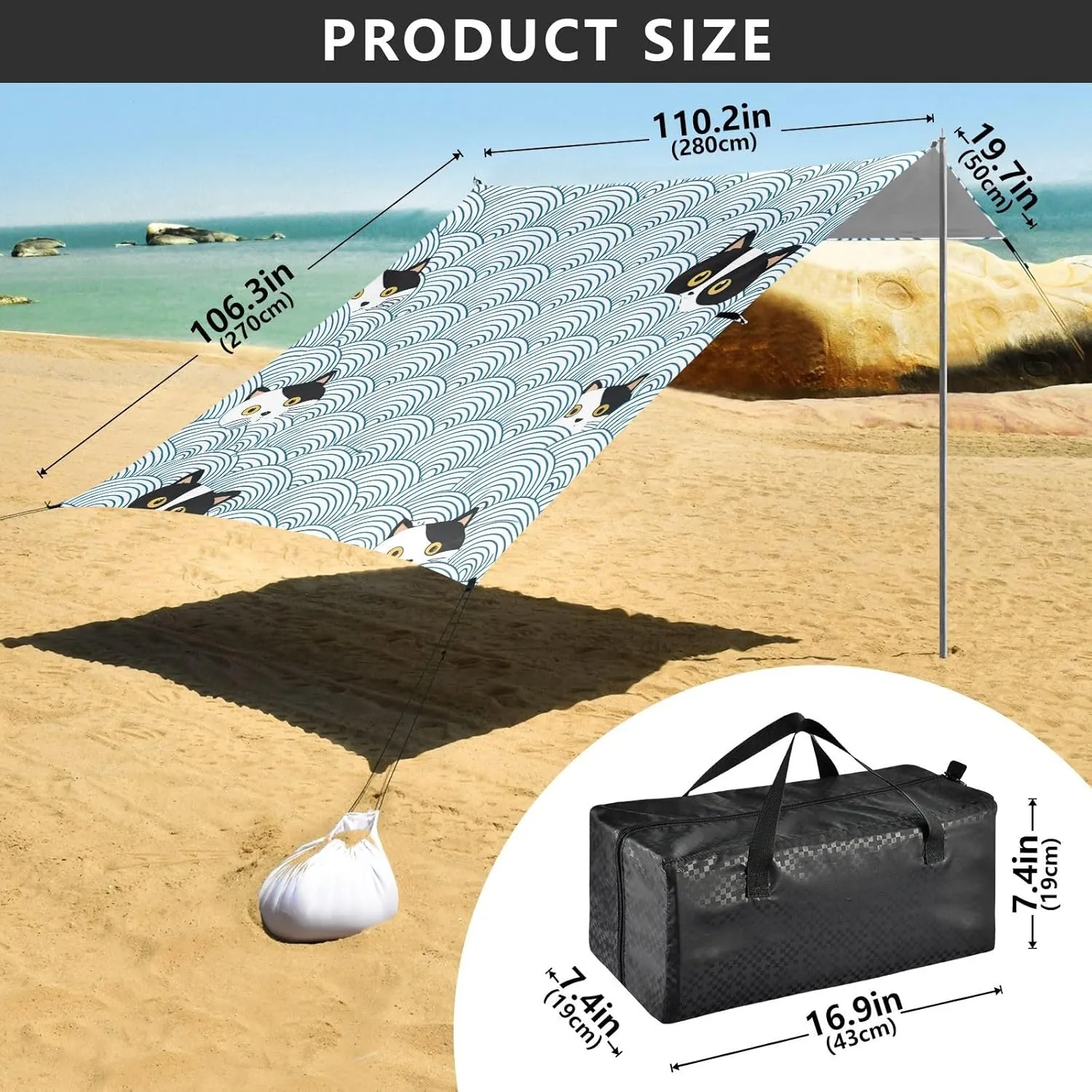 Black White Cat Faces Blue Wave Tent Beach Canopy Outdoor Sun Shade Patio for Adults Portable Camping Shelter Canopies with Sandbags Anchor 9.2 × 10.5 FT