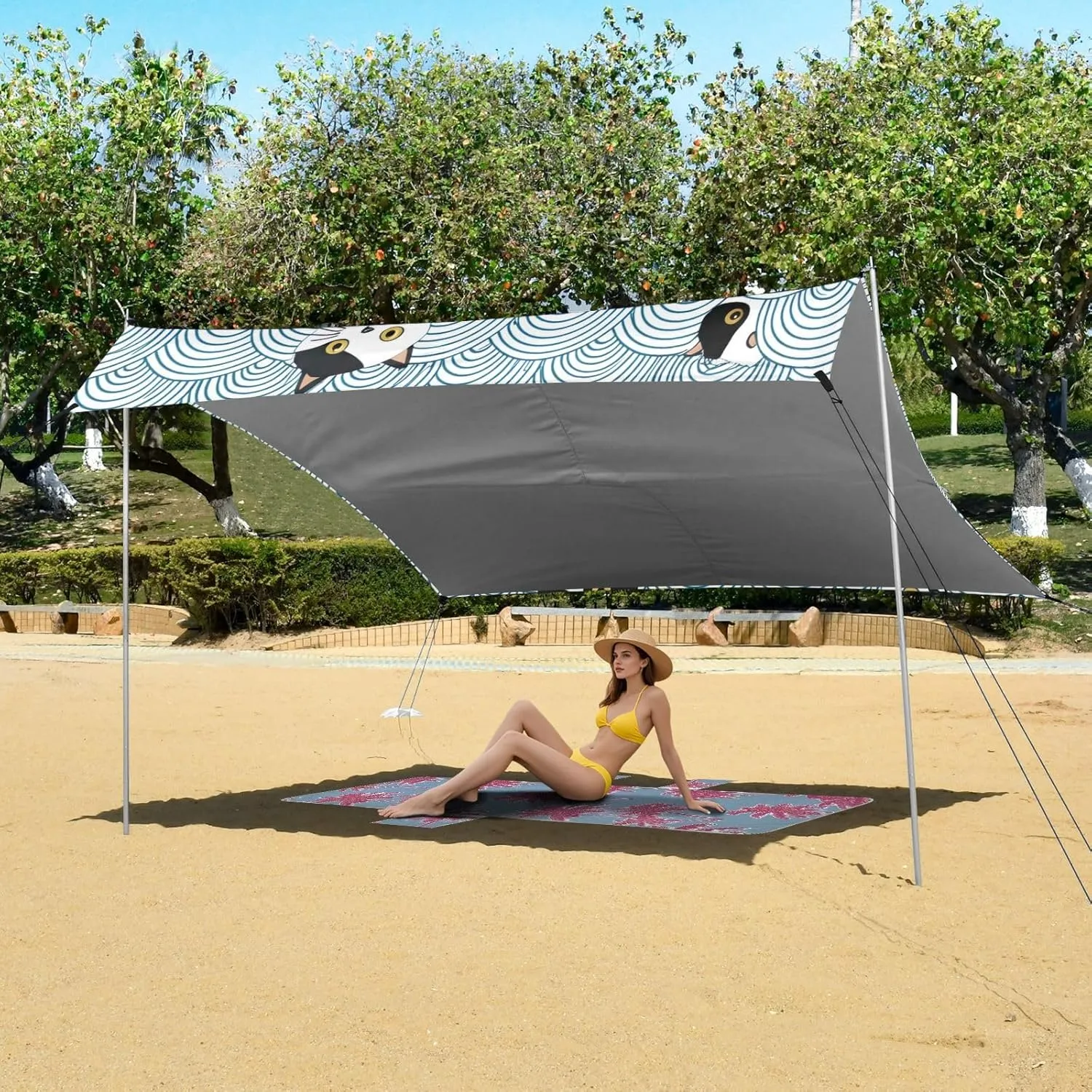 Black White Cat Faces Blue Wave Tent Beach Canopy Outdoor Sun Shade Patio for Adults Portable Camping Shelter Canopies with Sandbags Anchor 9.2 × 10.5 FT