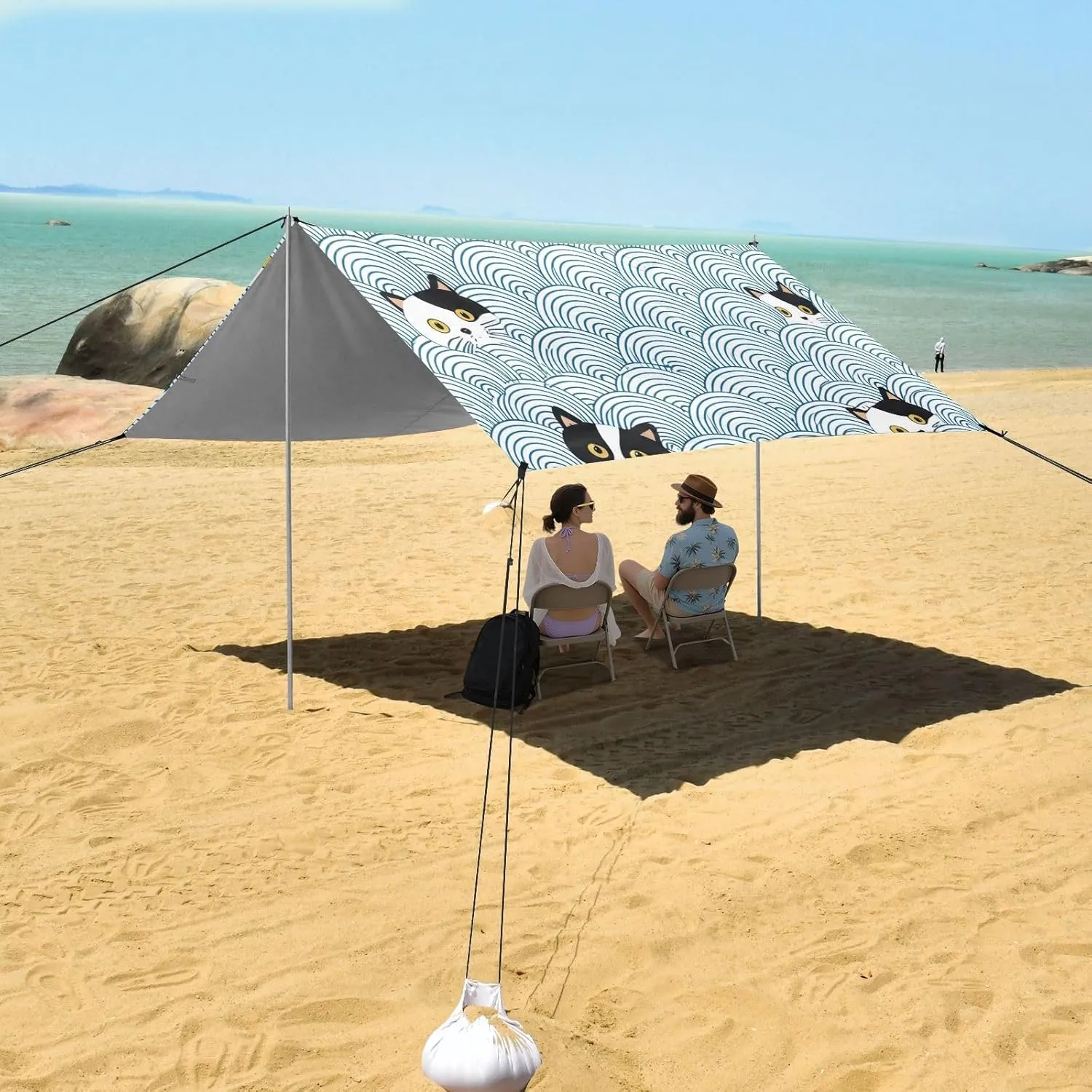 Black White Cat Faces Blue Wave Tent Beach Canopy Outdoor Sun Shade Patio for Adults Portable Camping Shelter Canopies with Sandbags Anchor 9.2 × 10.5 FT