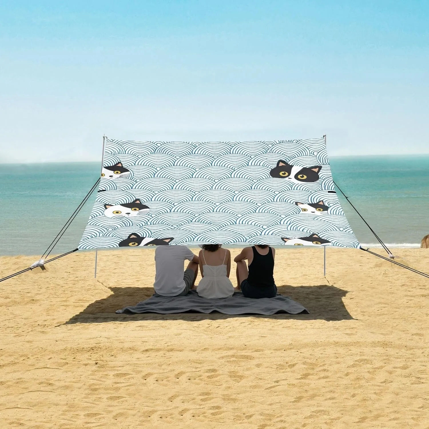 Black White Cat Faces Blue Wave Tent Beach Canopy Outdoor Sun Shade Patio for Adults Portable Camping Shelter Canopies with Sandbags Anchor 9.2 × 10.5 FT