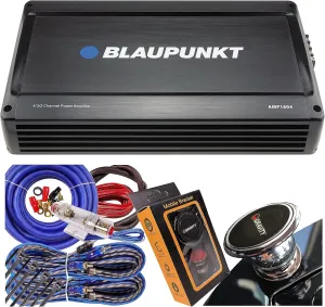 BLAUPUNKT AMP1604 1600 Watts – 4 Channel 2 Ohm Stable Full Range Amplifier Boost Bass, 4/3/2 Channels, Slim Compact Amp with 4 Gauge Amplifier Blue Kit and Gravity Magnet Phone Holder Bundle