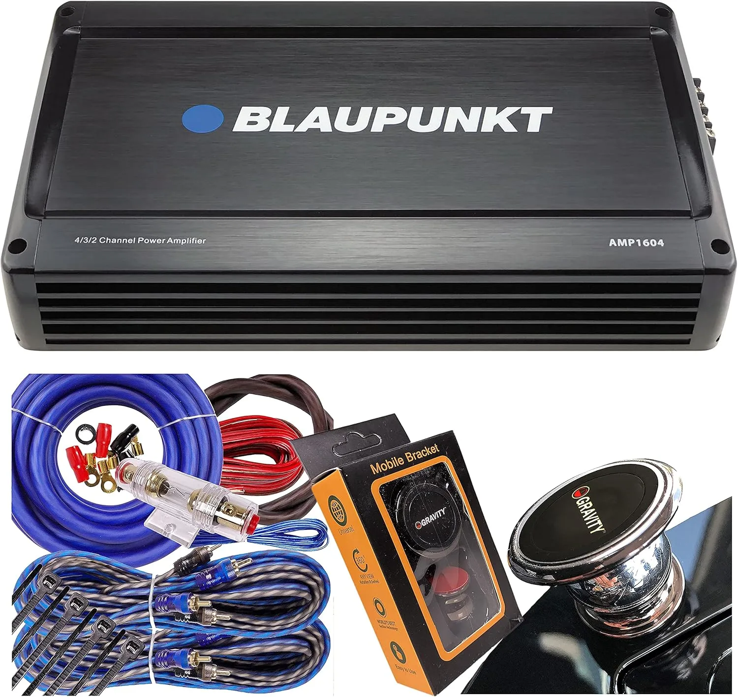 BLAUPUNKT AMP1604 1600 Watts – 4 Channel 2 Ohm Stable Full Range Amplifier Boost Bass, 4/3/2 Channels, Slim Compact Amp with 4 Gauge Amplifier Blue Kit and Gravity Magnet Phone Holder Bundle