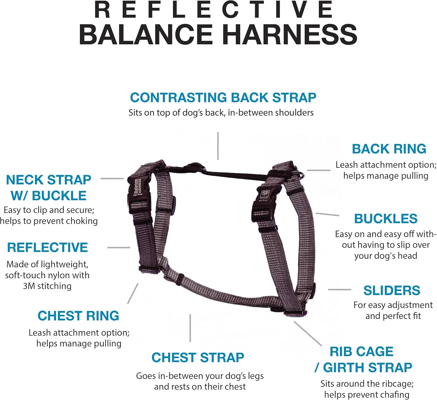 Blue-9 Reflective Buckle-Neck Balance Harness, Fully Customizable Fit No-Pull Harness with 3M Reflective Stitching, Ideal for Dog Training and Obedience, Made in The USA, Grey, XS