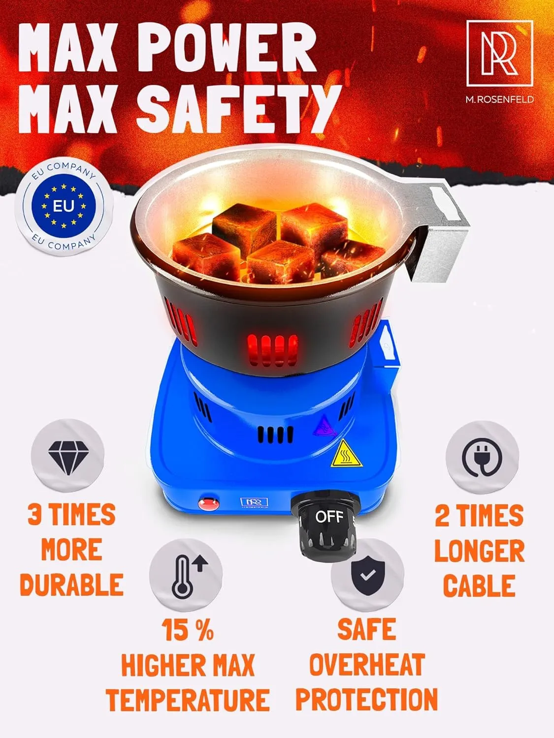 Blue Multipurpose Electric Charcoal Starter - Hot Plate Burner With Tongs - 450W Fire Starter - 304 Stainless Steel Coconut Charcoal Lighters and Starter Cubes