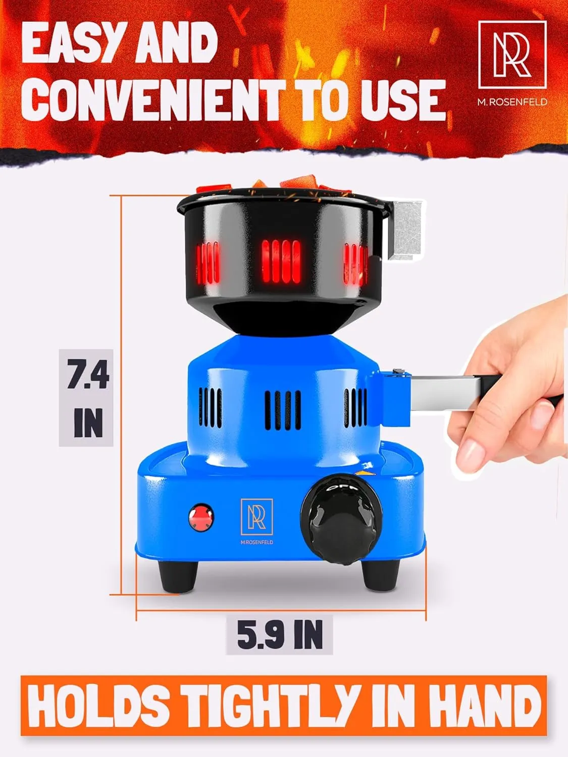 Blue Multipurpose Electric Charcoal Starter - Hot Plate Burner With Tongs - 450W Fire Starter - 304 Stainless Steel Coconut Charcoal Lighters and Starter Cubes