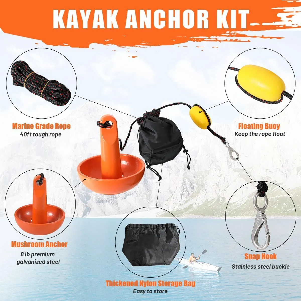 Boat Kayak Anchor Kit 40ft Rope & Storage Bag - Accessories for Kayaks, Canoes, SUP Boards, Small Boats, Jet Skis & PWCs