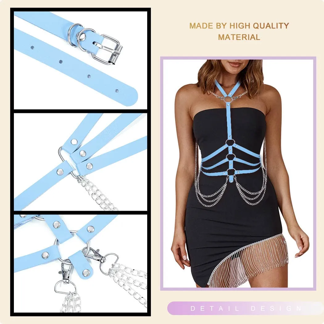 BODIY Fashion Harness Belt Plus Size Harness Waist Belts Punk Leather Body Harness for Women (Blue)