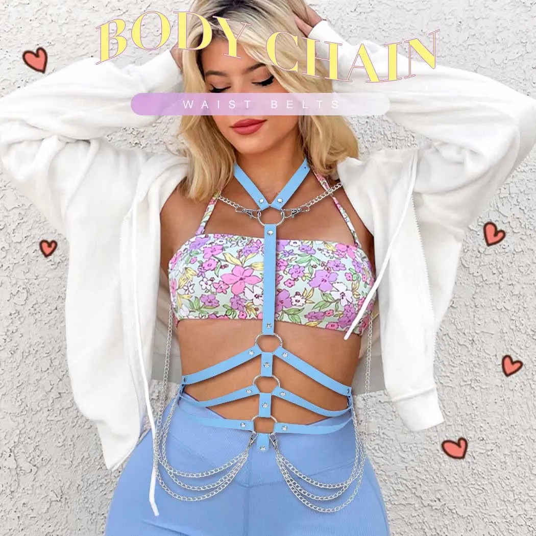 BODIY Fashion Harness Belt Plus Size Harness Waist Belts Punk Leather Body Harness for Women (Blue)
