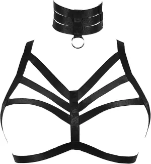 Body Harness Bra for Women Sexy Cupless Bra with Choker Pentagra Caged Bra Punk Gothic Style Strappy Lingerie