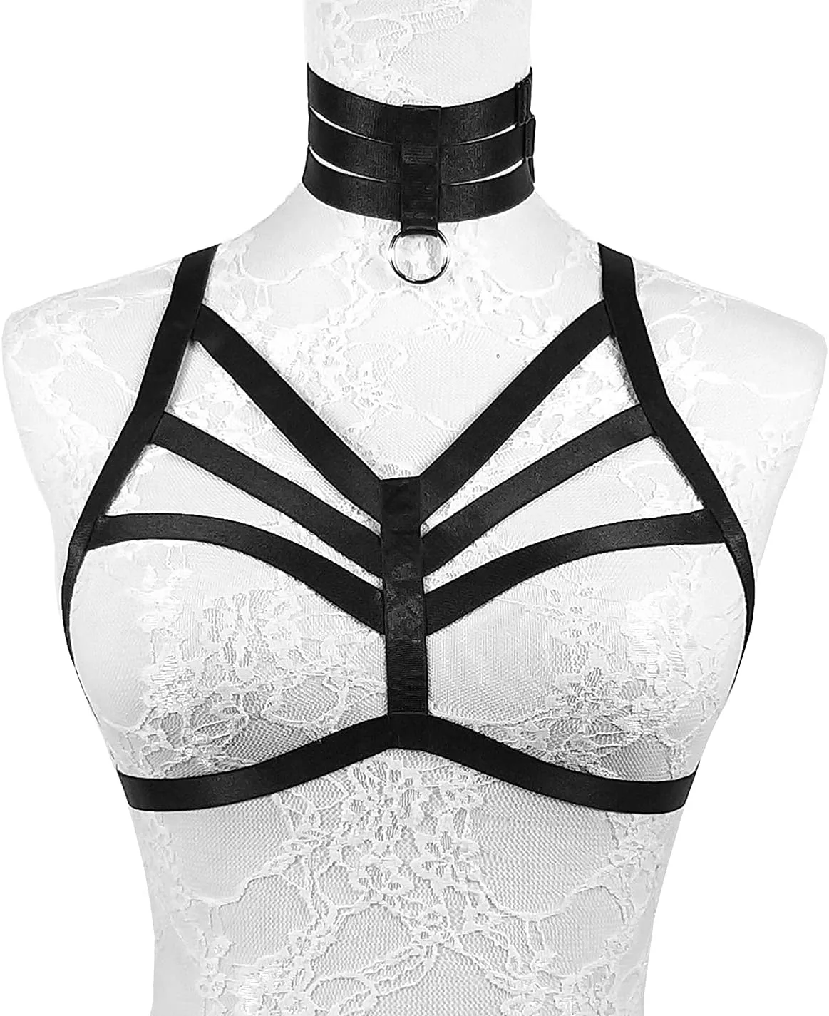 Body Harness Bra for Women Sexy Cupless Bra with Choker Pentagra Caged Bra Punk Gothic Style Strappy Lingerie