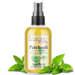 Body Spray for Women, 8 Oz (Double Strength) Patchouli Essential Oil Body Mist with Long-Lasting Fragrance, Earthy & Clean Scent Reminiscent of the 1960s & 70s, Light, Subtle Perfume with Wood Notes,