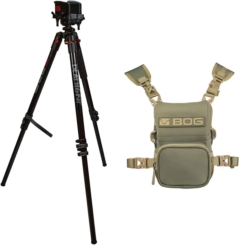 BOG DeathGrip Aluminum Tripod Lightweight, Stable, Bubble Level, Adjustable Legs, and Hands-Free Operation   BOG Vigilant Bino Bivy Adjustable and Detachable Padded Harness, for Hunting, Shooting
