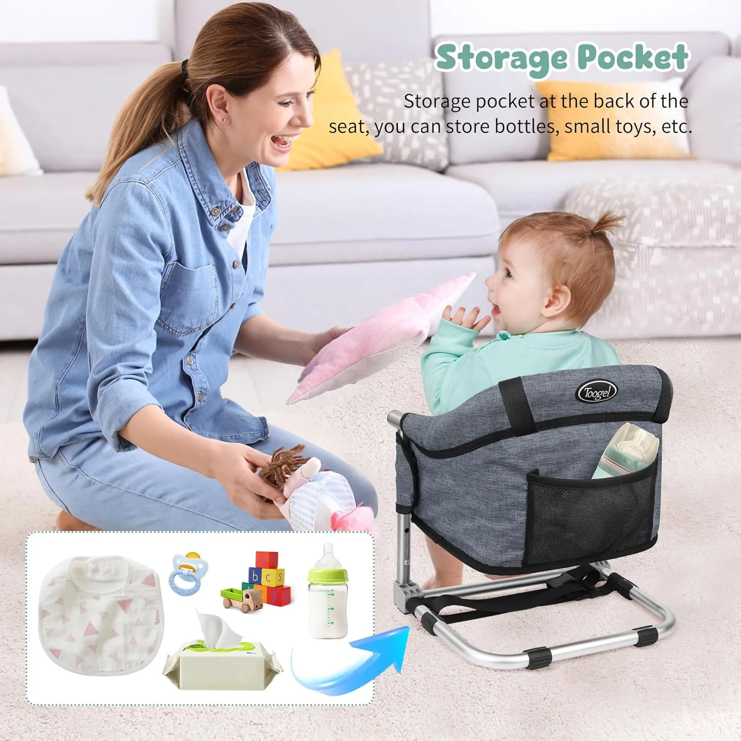 Booster Seat for Dining Table: Portable Toddler Booster Chair with Safety Buckle and Height Adjustable, Foldable Baby Feeding Chair, Kids High Chair Booster Seat for Kitchen Home Travel - Bright Blue
