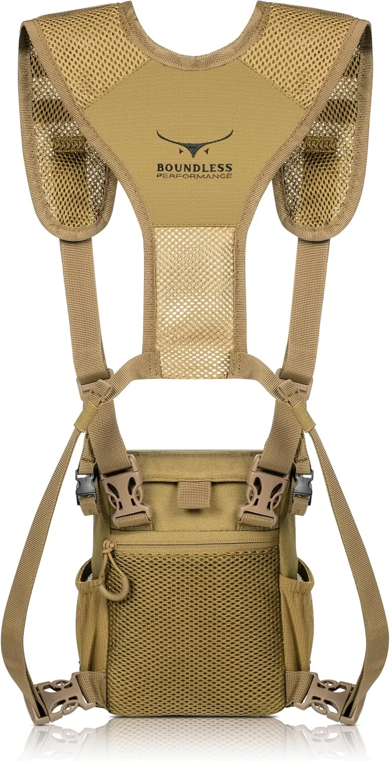 Boundless Performance Binocular Harness Chest Pack - Our Bino harness case is great for hunting, hiking, and shooting - Straps secure your binoculars - holds rangefinders, bullets, gear - Coyote
