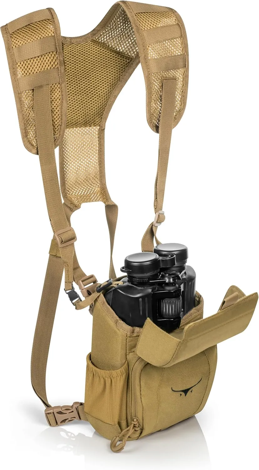 Boundless Performance Binocular Harness Chest Pack - Our Bino harness case is great for hunting, hiking, and shooting - Straps secure your binoculars - holds rangefinders, bullets, gear - Coyote
