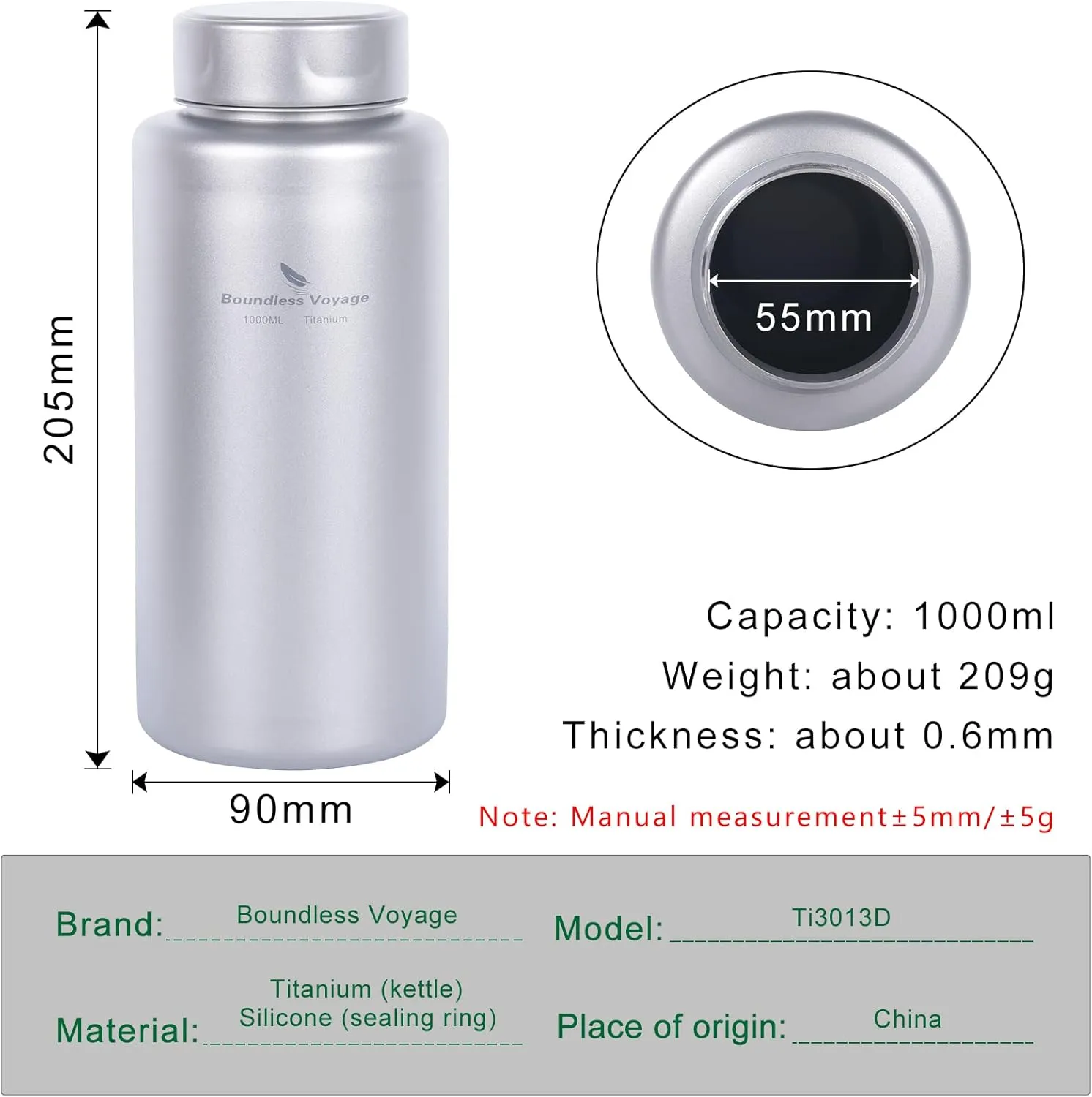 Boundless Voyage Titanium Bottle 1L Single-layer Sports Water Bottle 750ml Pot Cup Ultralight Leakproof Drinkware for Outdoor Camping Hiking (1L bottle/750ml handing pot)