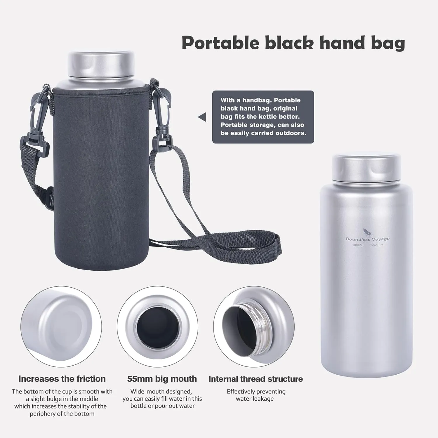 Boundless Voyage Titanium Bottle 1L Single-layer Sports Water Bottle 750ml Pot Cup Ultralight Leakproof Drinkware for Outdoor Camping Hiking (1L bottle/750ml handing pot)