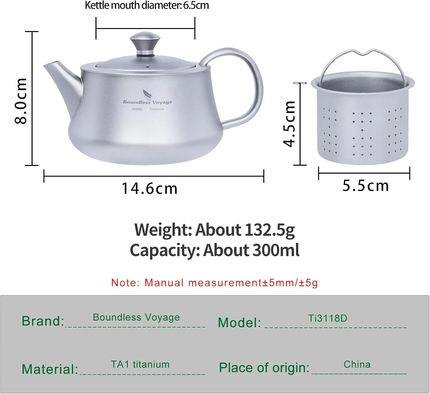 Boundless Voyage Titanium Kung Fu Tea Set with 3 Teacups Portable Camping Kettle Reusable Travel Coffee Tea Cup Set (Ti3118D-300ml)