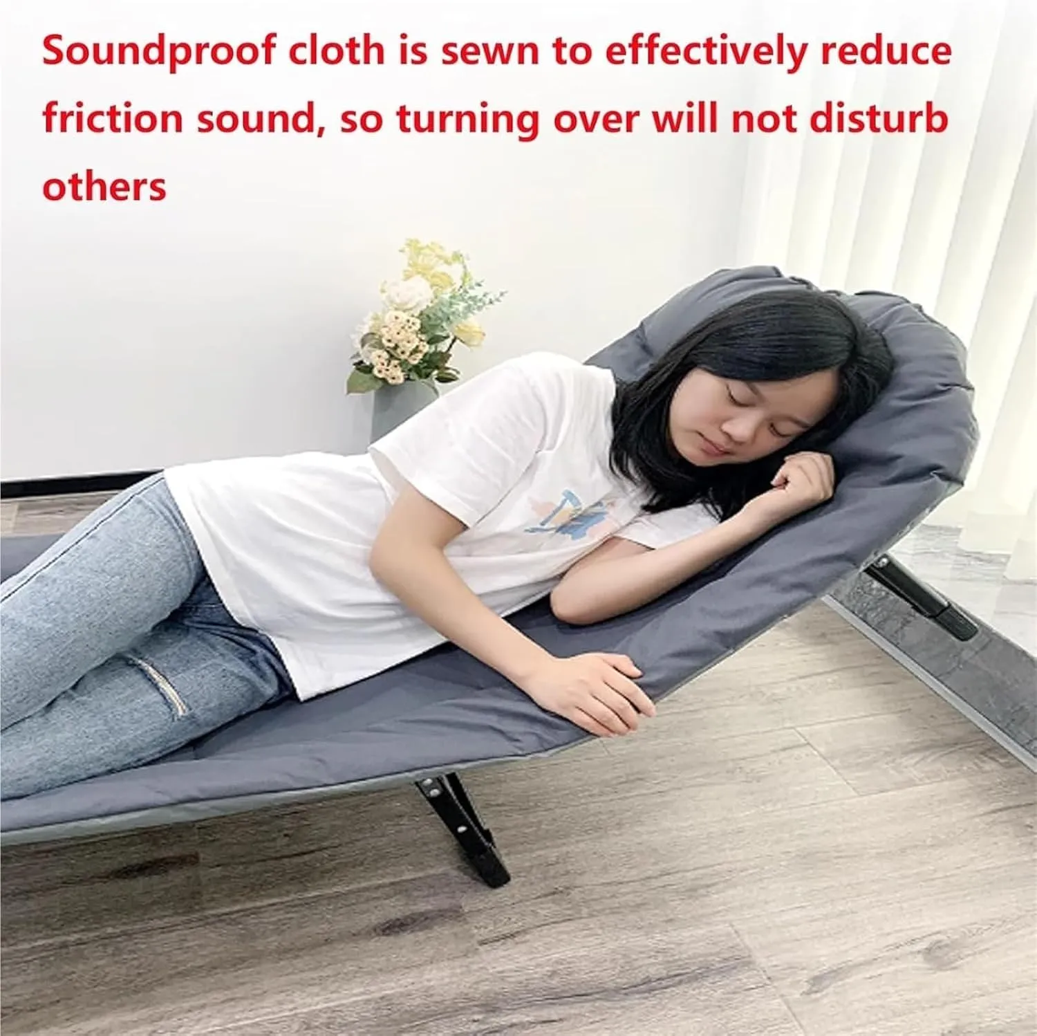 Breathable Cotton Linen Camping Cot, Portable Folding Bed for Adults, 6-Position Folding Chaise Lounge Chair, Outdoor Tent Cot