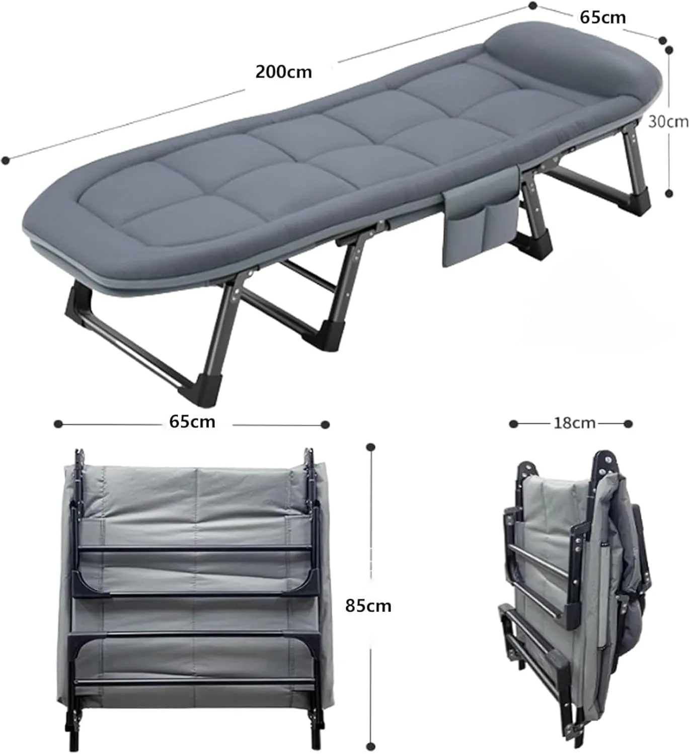 Breathable Cotton Linen Camping Cot, Portable Folding Bed for Adults, 6-Position Folding Chaise Lounge Chair, Outdoor Tent Cot