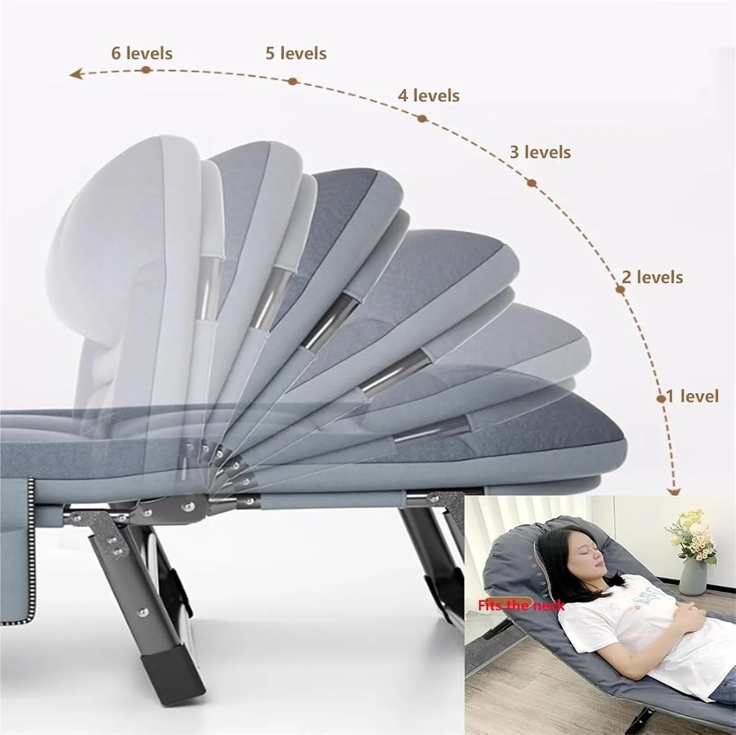 Breathable Cotton Linen Camping Cot, Portable Folding Bed for Adults, 6-Position Folding Chaise Lounge Chair, Outdoor Tent Cot