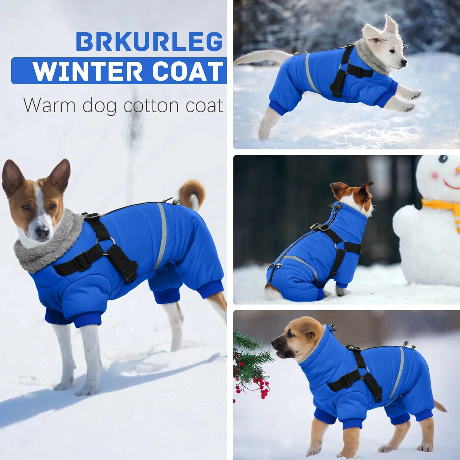 BRKURLEG Blue Dog Winter Coat, Cozy Winter Dog Jackets, Dog Coat with Harness, Onesie Body Warm Dog Christmas Coats, Pet Reflective Windproof Warm Cold Weather Jacket, Dog Four-Legged Puffer Coat L