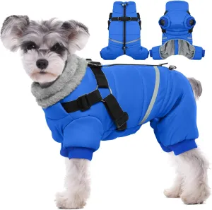 BRKURLEG Blue Dog Winter Coat, Cozy Winter Dog Jackets, Dog Coat with Harness, Onesie Body Warm Dog Christmas Coats, Pet Reflective Windproof Warm Cold Weather Jacket, Dog Four-Legged Puffer Coat L