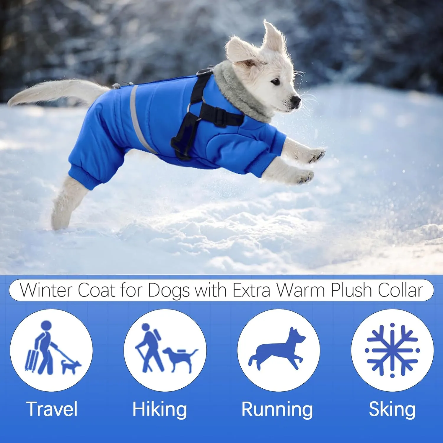 BRKURLEG Blue Dog Winter Coat, Cozy Winter Dog Jackets, Dog Coat with Harness, Onesie Body Warm Dog Christmas Coats, Pet Reflective Windproof Warm Cold Weather Jacket, Dog Four-Legged Puffer Coat L