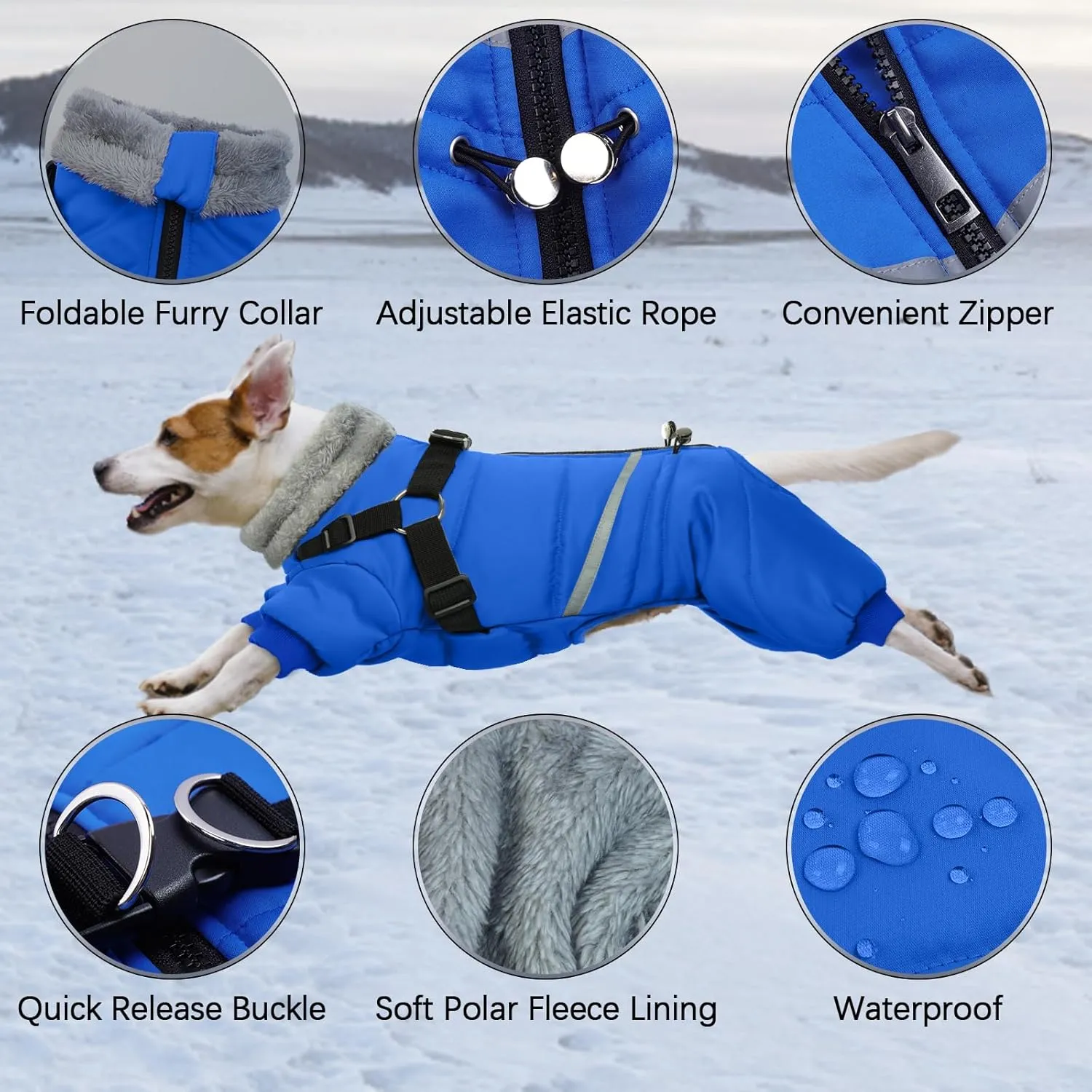 BRKURLEG Blue Dog Winter Coat, Cozy Winter Dog Jackets, Dog Coat with Harness, Onesie Body Warm Dog Christmas Coats, Pet Reflective Windproof Warm Cold Weather Jacket, Dog Four-Legged Puffer Coat L