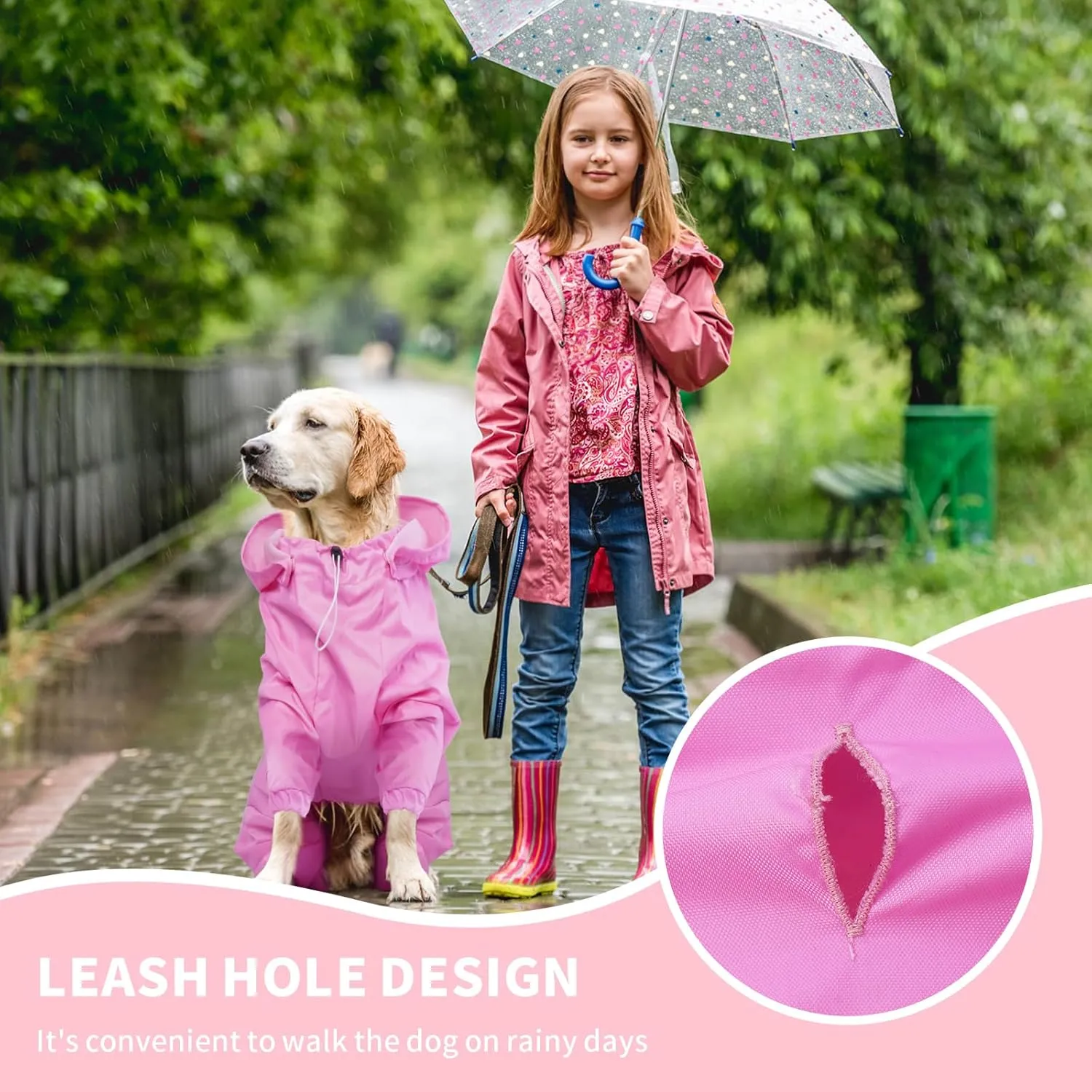 BRKURLEG Dog Raincoat, 4 Legs Dog Rain Jacket for Medium Dogs, Pet Waterproof Rainproof Jacket with Leash Hole Reflective Pet Poncho Boy Girl, Lightweight Waterproof Jackets, Pink XL