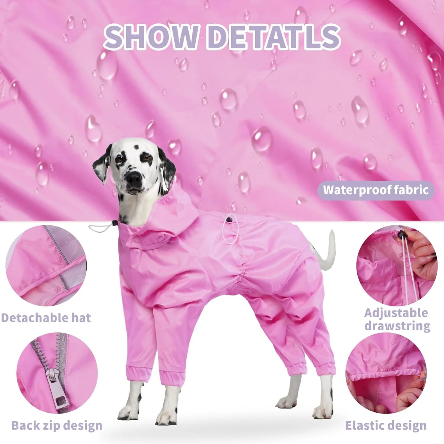 BRKURLEG Dog Raincoat, 4 Legs Dog Rain Jacket for Medium Dogs, Pet Waterproof Rainproof Jacket with Leash Hole Reflective Pet Poncho Boy Girl, Lightweight Waterproof Jackets, Pink XL